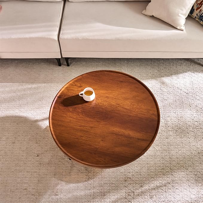 Saint Mossi Modern Coffee Table for Living Room, Mid-Century Round Wood Coffee Table, 2-Tier Center Table for Small Space, Espresso Wood Top and Brown Glass, W31xH15
