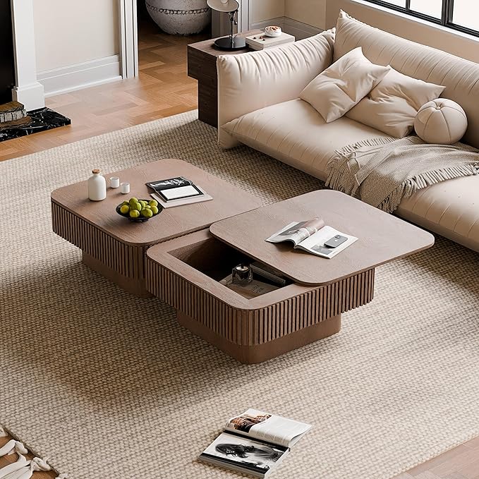 31.5'' Square Coffee Table with Storage, Mid Century Modern Fluted Drum Center Tables with Lid, Solid Wood Modern Coffee Table Accent Tea Table for Living Room, Bedroom, Apartment or Office, Walnut