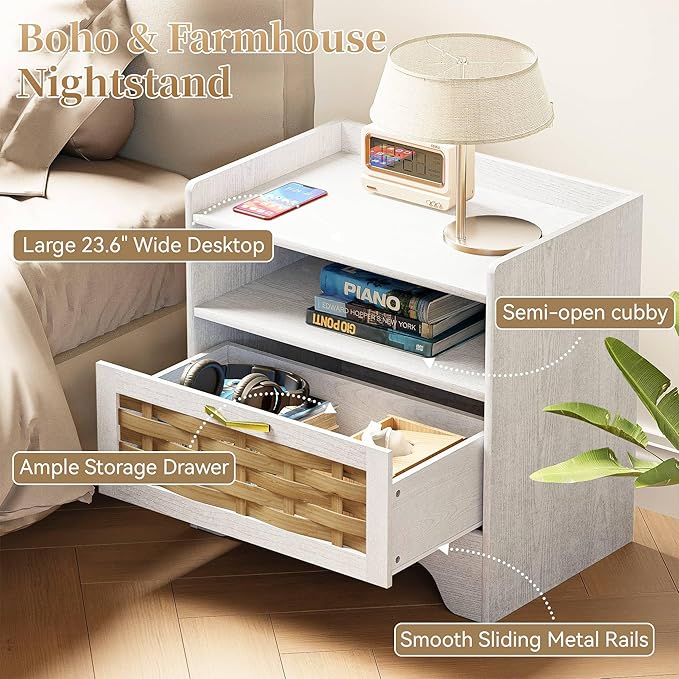 24" Rattan Nightstand Set of 2, White Bedside Table with Semi Open Cubby, Boho Night Stand with Farmhouse Arched Base for Bedroom, Side Table, End Table for Dorm