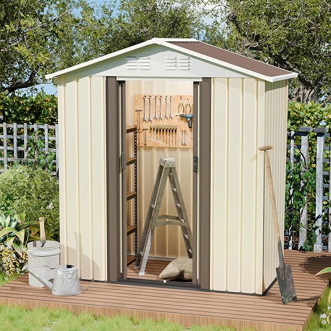 Outdoor Sheds 5FT x 3FT Outdoor Storage, Metal Anti-Corrosion Utility Tool House with Lockable Door & Shutter Vents，Outdoor Waterproof Garden Tool Metal Storage Sheds （White