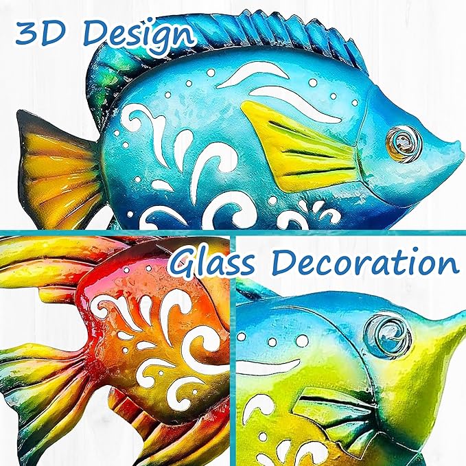 Weibefee Coastal Wall Decor, Ocean Sea Metal Fish Wall Christmas Decor, Hanging Wall Art Christmas Decorations Gift for Indoor Outdoor, Beach Nautical Tropical Fish Wall Sculpture for Pool Bathroom Bedroom Patio