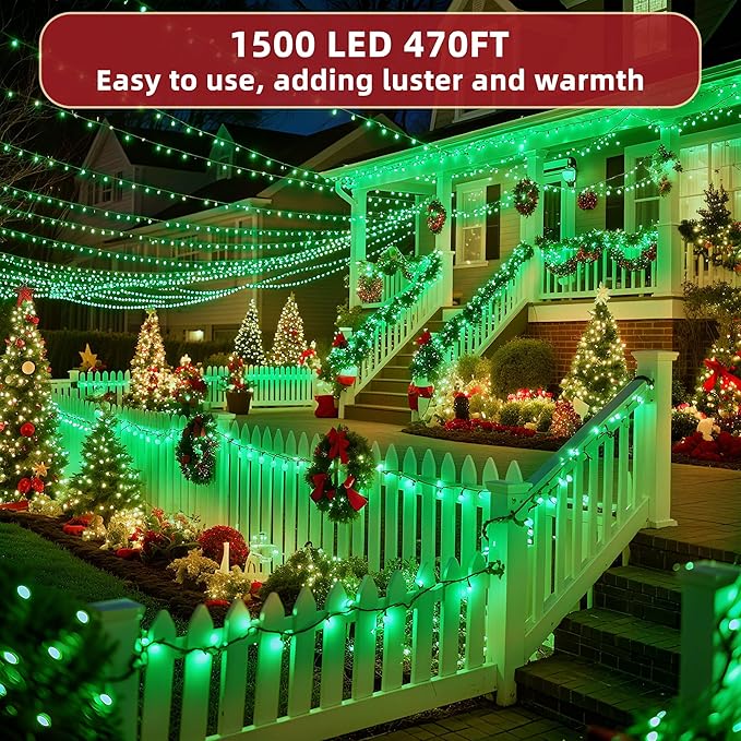 470FT Christmas Lights Outdoor, 1500 LED Christmas Tree Decoration Lights with 12 Modes & Timer Memory, Dimmable Plug in Waterproof LED Xmas Light for Yard Trees Wedding Party Holiday Green