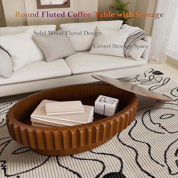 43.3" Oval Drum Coffee Table with Storage Retro Rustic Center Tables - Solid Wood Handcrafted Relief Veneer for Farmhouse Apartment (C Oval 43.3in)