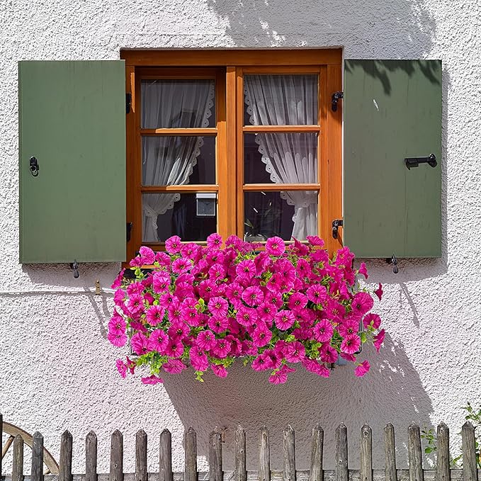 Artificial Flowers for Outdoors Decoration, 10 Bundles Fake Plastic Flower Plant, Faux Colorful Silk Morning Glory Eucalyptus for Outside Garden Porch Front Door Decor, Purple