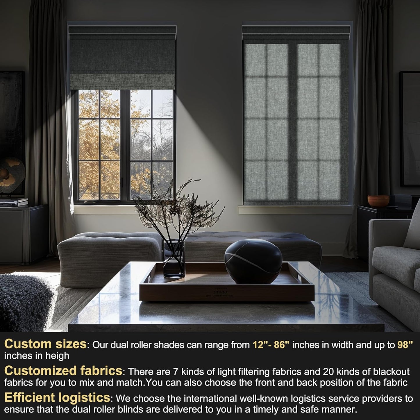 BERISSA Cordless Dual Roller Shades with Cassette Valance, Double Window Shades Blackout and Light Filtering, Day and Night for Home Office Door. Linen Grey. 38 W x 44" H