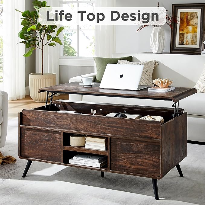 RedLemon 48" Lift Top Coffee Table with Slatted Sliding Door, Mid Century Modern Center Table with Hidden Storage Compartment,Lifting Tabletop & Adjustable Shelf for Living Room, Office, Dark Walnut