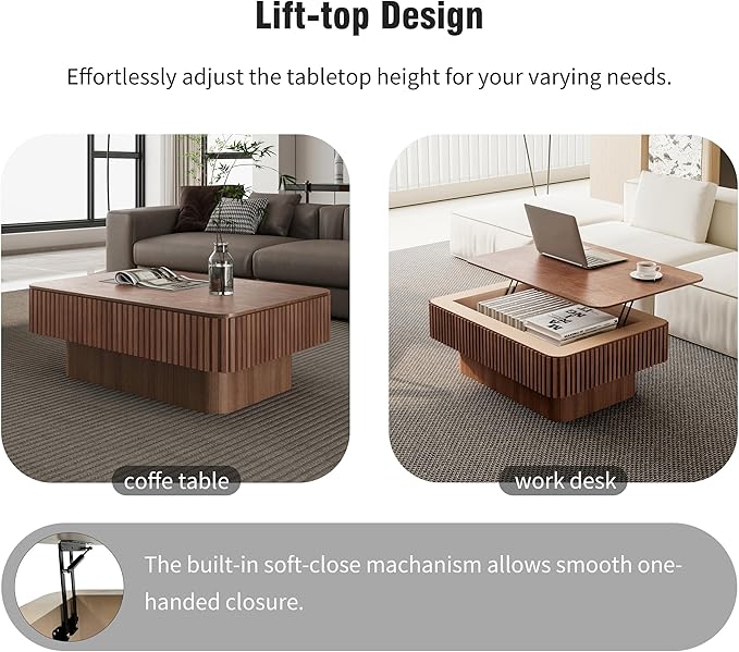38.6" Lift Top Coffee Table, Modern Fluted Tea Table with Hidden Storage for Living Room, Apartment or Office, Walnut