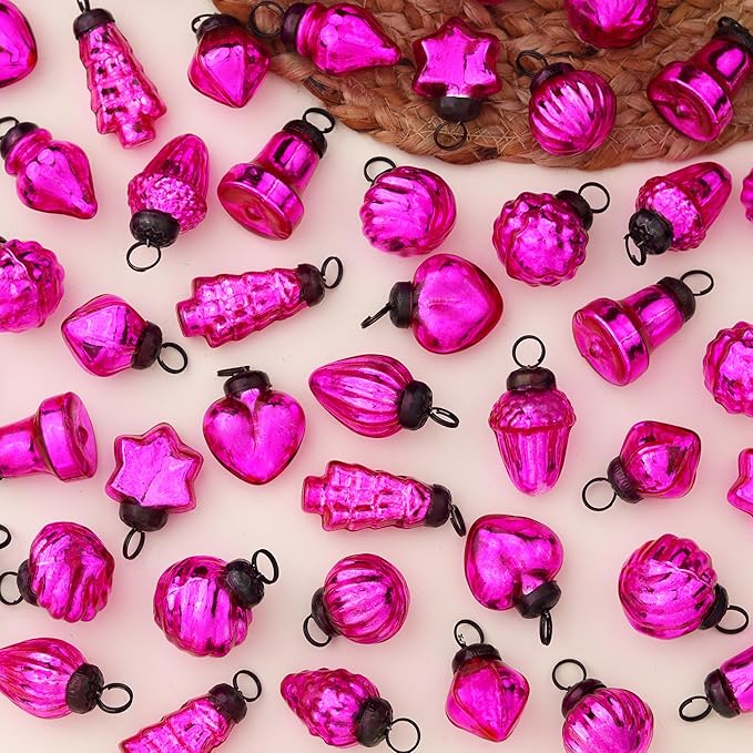 75 Pieces Glass Pink Christmas Ornaments Decorative Mercury Mini Vintage Bulk Hanging Ornaments for Halloween, Christmas Tree, New Year, Valentine Day, Holidays, Event and Wedding Party Decor