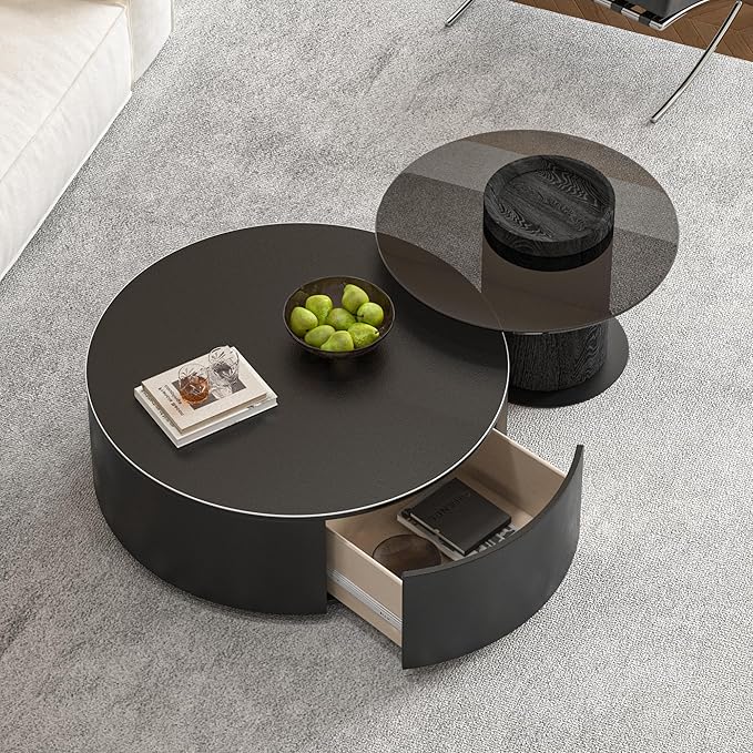Round Coffee Table Set of 2 with Hidden Storage for Living Room, Modern Nesting Circle Center Coffee Table with Tempered Glass Top and Carbon Steel Base for Home Office, Easy Assembly, Black