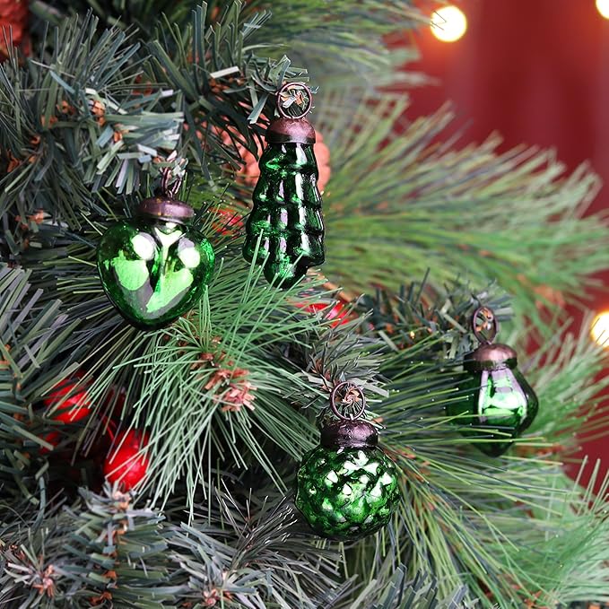IndianShelf 25 Pieces Silver & Green Glass Vintage Christmas Ornaments Mini Bulk Decorative Ornaments for Halloween, Christmas Tree, New Year, Valentine Day, Holidays, Event & Wedding(25 * 1 Boxes)