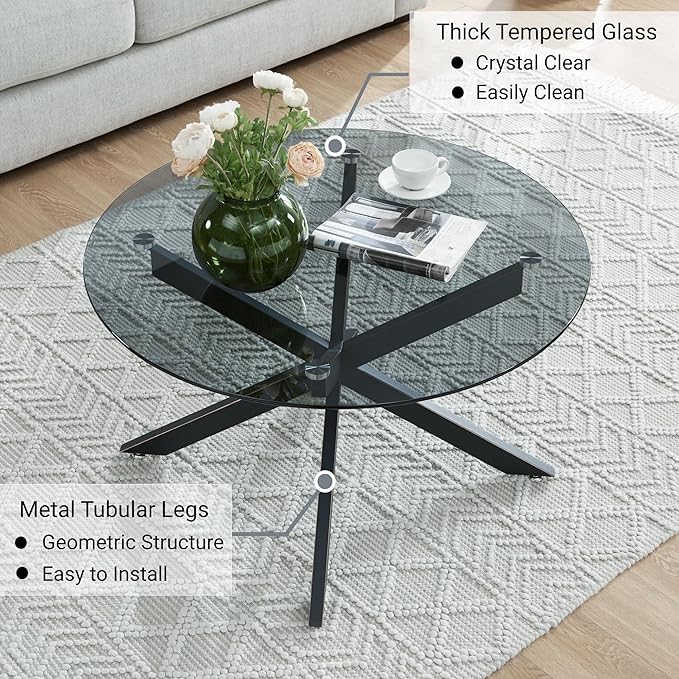 Black & Round Glass Coffee Tables for Living Room, Home Office, Modern & Simple Center Table with Gray Tempered Glass Top, 35.5" Wx19.7 H
