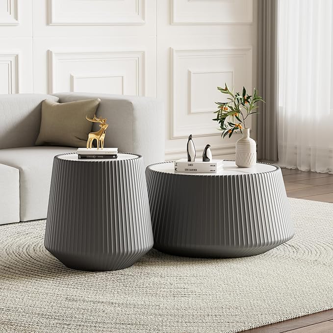 19.68" Grey Round Coffee Table, Drum Coffee Table with Sintered Stone Tabletop and Fluted PU Leather Covered and Stable Base, Circle Cocktail Tea Table for Living Room