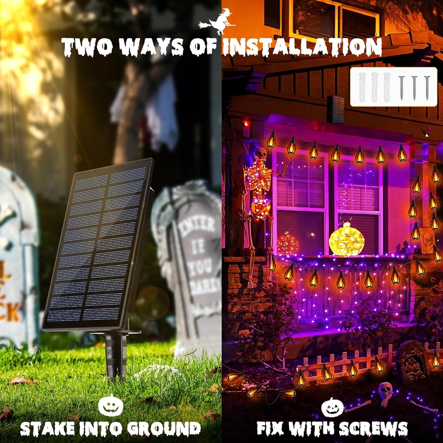 iBaycon Solar Halloween Lights, 27Ft 10 LED Bulbs Flickering Flame String Light, Outdoor Waterproof Solar Flame Lights for Garden Yard Patio Halloween Decorations (Warm White)