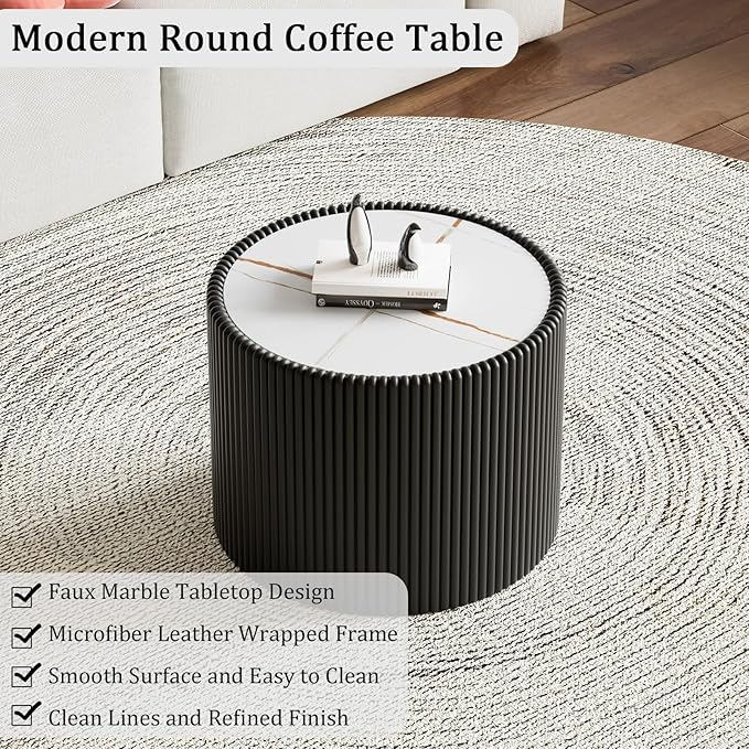17.71" Black Round Coffee Table, Drum Coffee Table with Sintered Stone Tabletop and Fluted PU Leather Covered and Stable Base, Circle Cocktail Tea Table for Living Room