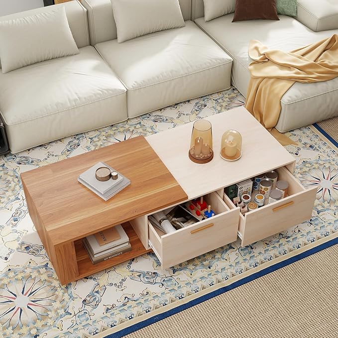 42"- 65" Extendable Coffee Table with Storage, Reversible Wood Coffee Table with 2 Drawers, Two-Tone Large Adjustable Center Table for Living Room, Office (Walnut B)