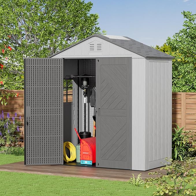 6x3.6 FT Storage Shed with Floor,HDPE Resin Outdoor Storage Shed Weather Resistant,Lockable Garden Sheds with Windows for Home/Garden Tools/Backyard/Lawn Mower/Bike Storage(Gray)