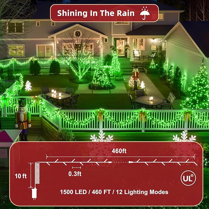 470FT Christmas Lights Outdoor, 1500 LED Christmas Tree Decoration Lights with 12 Modes & Timer Memory, Dimmable Plug in Waterproof LED Xmas Light for Yard Trees Wedding Party Holiday Green