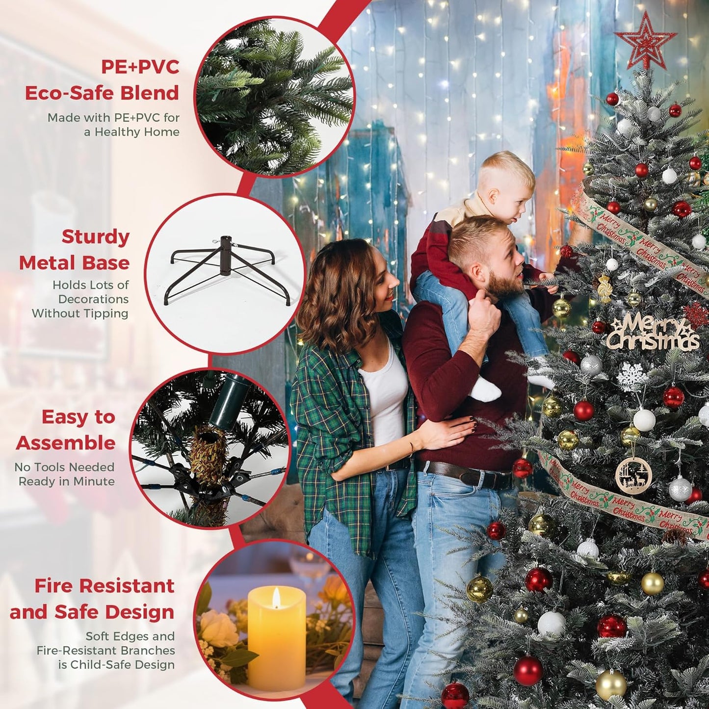 GarveeHome 7.5 FT Lighted Aspen Fir Christmas Tree,Flocked Green Artificial Christmas Tree with Warm White & Twinkle Lights for Indoor,Outdoor, Holiday Décor, Metal Hinges, Foldable Base