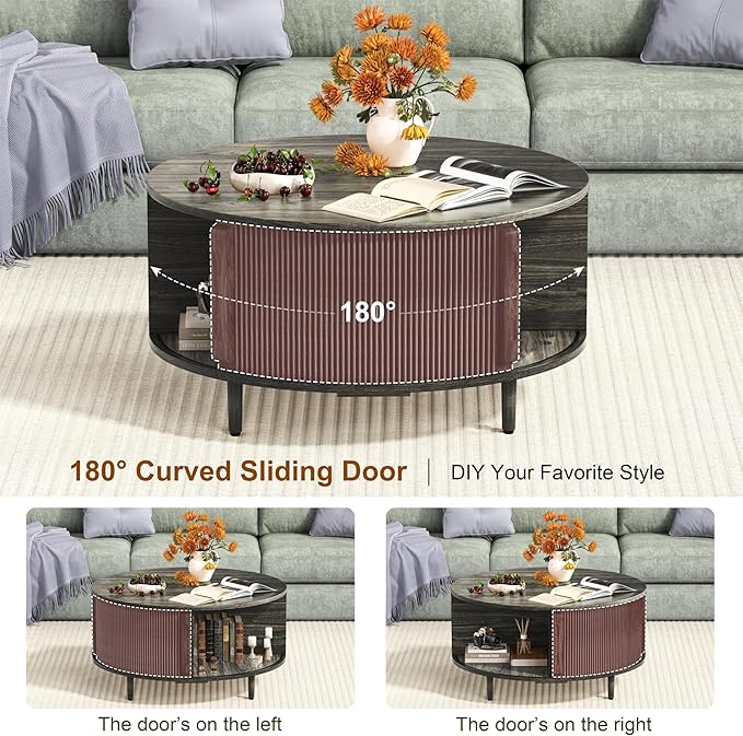 Round Coffee Table, 31.5" Fluted Center Table with Storage, Lift-Top Coffee Table with Adjustable Footpads, Sliding Door, Mid-Century Modern Center Table for Living Room, Small Space (Grey)