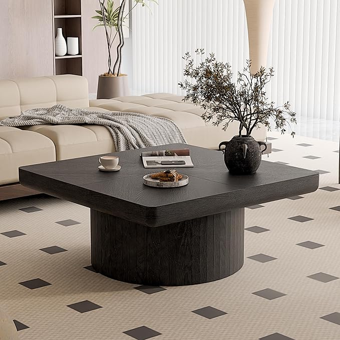 Square Coffee Table with Round Wood Pedestal Coffee Tables for Living Room, Modern Rustic Center Table Easy Assembly Black-ø34.6"&ø34.6 ø14.9