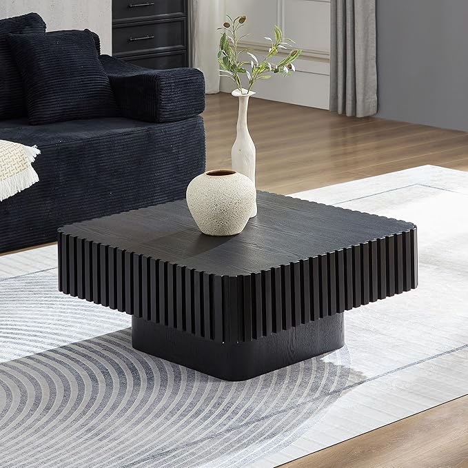 31.5" Square Coffee Table with Sturdy Base, Modern Luxury Wood Drum Center Tables,Small Wooden Accent with MDF, for Living Room, Minimalist Fluted Design-Black