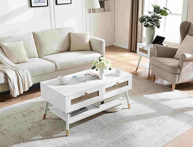 White Coffee Table with Storage Drawers & Open Shelf, Mid Century & Boho Living Room Table with Gold Metal Designed for Home
