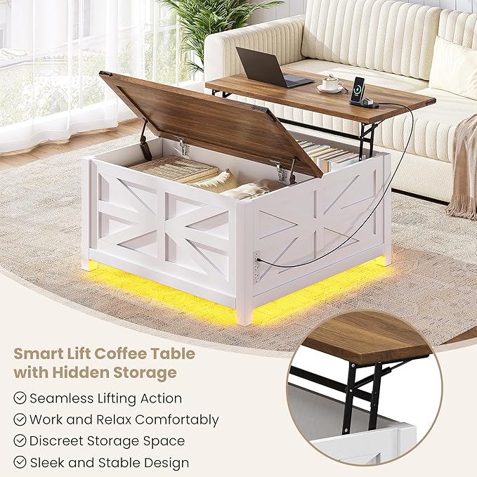 Farmhouse Coffee Table with Lift Top Storage, Square Wood Center Table, USB Charging Station,White