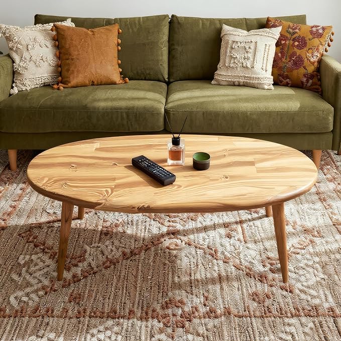 Solid Wood Oval Coffee Table for Living Room, Scandinavian Modern Design, Easy Assembly, Small Space Friendly, 33″W x 18″D x 18″H