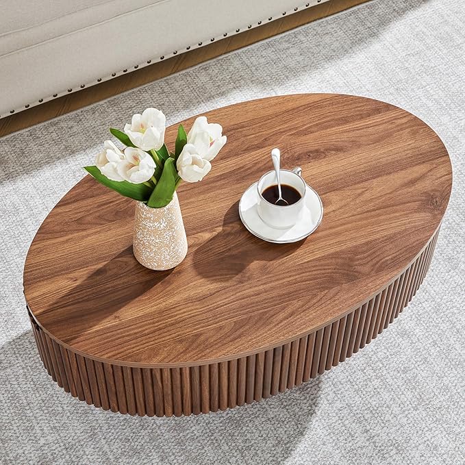 Oval Coffee Table with Hidden Storage, 31.5 Inch Wide Modern Coffee Table, Center Table with Fluted Veneered, Accent Tea Table for Small Space Living Room Apartment (Walnut)