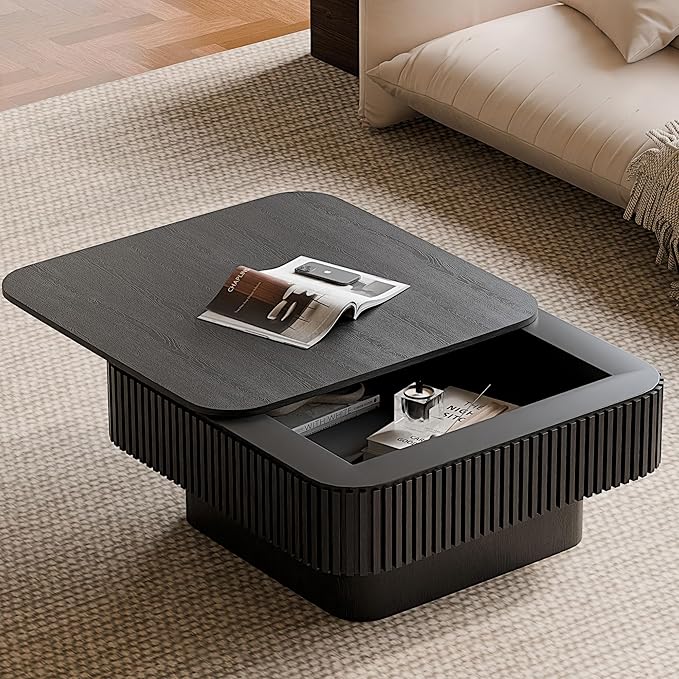 31.5'' Square Coffee Table with Storage, Mid Century Modern Fluted Drum Center Tables with Lid, Solid Wood Modern Coffee Table Accent Tea Table for Living Room, Bedroom, Apartment or Office, Black