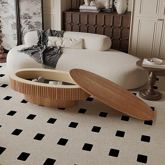 47" Oval Coffee Table with Hidden Storage Compartment, Modern Handcraft Fluted Drum Coffee Table, Wooden Oval Center Table Cocktail Tea Table with Sturdy Pedestal for Living Room, Natural