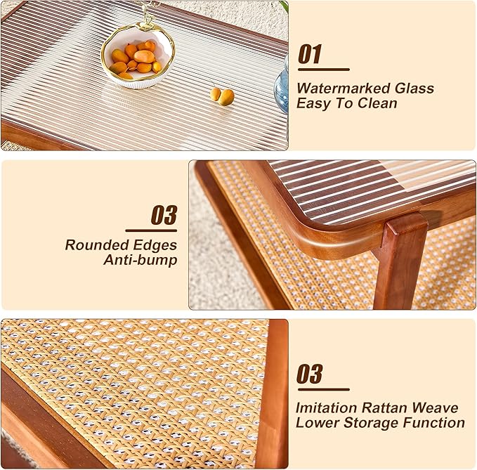 Rattan Coffee Table,Rustic Style Wooden Coffee Table,Rectangular Wood Living Table for Living Room,Glass Top Center Table with Imitation Rattan Storage Shelf