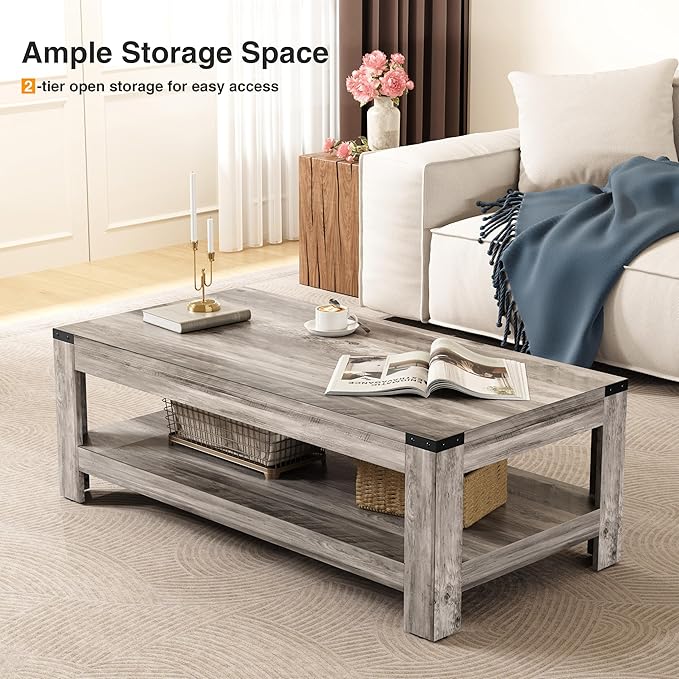 Farmhouse Coffee Table, Modern Rustic Wooden Center Table with Storage, Living Room Tables, 2-Tier Industrial Cocktail Tea Table for Living Room (Wash Gray, 47.2 in)