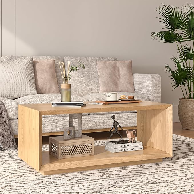 Coffee Table with Storage, Mid Century Modern, Rectangle Cocktail Tea Table, Farmhouse Wood Coffee Table for Living Room, Home Office (Natural Oak)