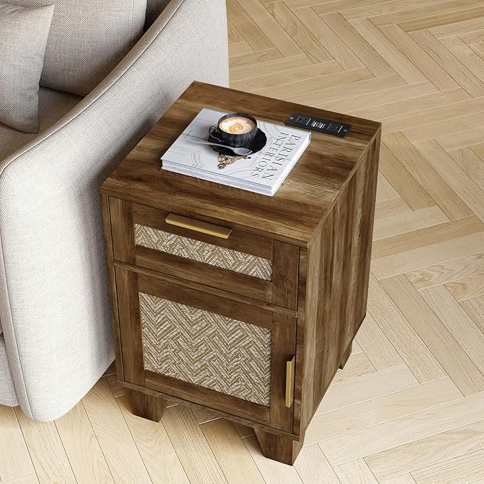 ONBRILL End Table with Storage & Charging Station, Farmhouse Wood Night Stand with Drawers, Adjustable Shelf, Bed Side Tables for Small Space, Living Room, Bedroom, Brown