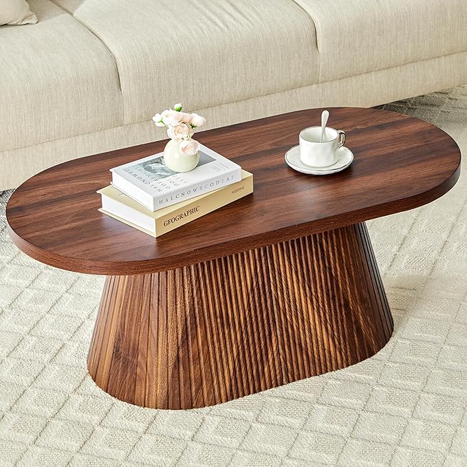 Fluted Coffee Table with Sturdy Tapered Base, Wood Oval Small Coffee Table, Mid Century Modern Center Table for Living Room Office (Walnut 1)