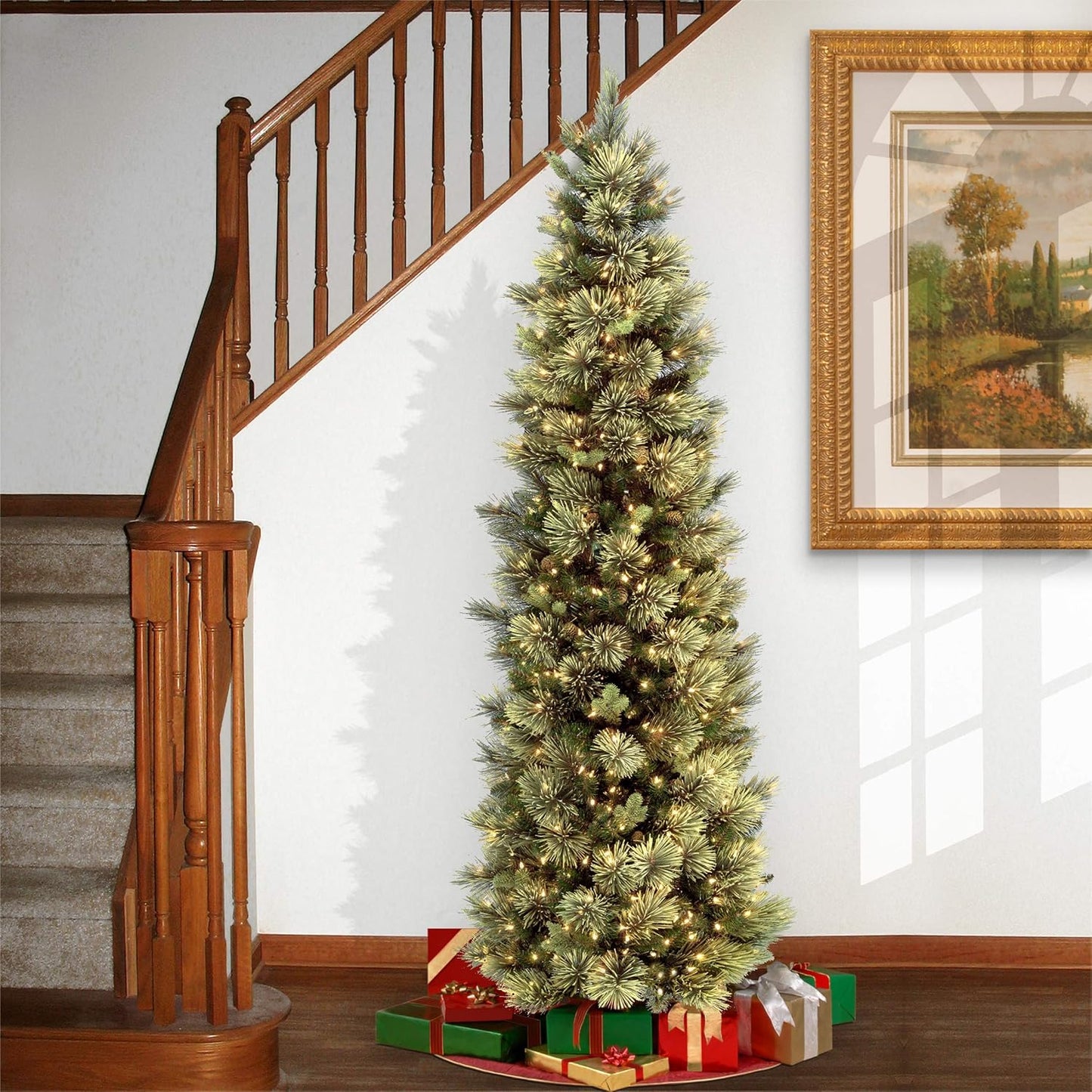 National Tree Company Pre-lit Artificial Christmas Tree | Includes Pre-strung White Lights and Stand | Carolina Pine Slim - 6.5 ft