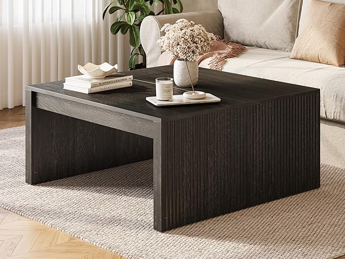 LITTLE TREE Square Coffee Table, 39.4-Inch Fluted Coffee Tables, Mid-Century Modern Center Cocktail Table for Living Room Bedroom, Easy Assembly, Black
