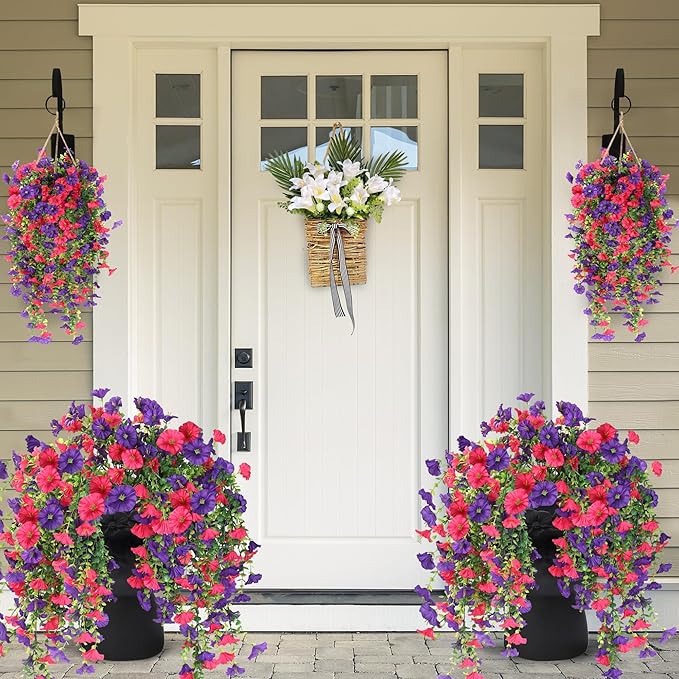 Artificial Fake Hanging Flowers Plants for Outdoor Outside Spring Summer Decoration 2PCS Faux Silk UV Resistant Realistic Morning Glory with Eucalyptus for Home Porch Patio Balcony(Purple & Hot Pink)