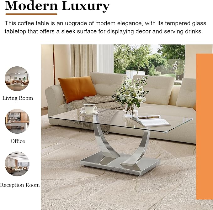 47" Glass Coffee Table, Modern Rectangular Center Table with Tempered Glass Top and Silver Horn-Shaped Stainless Steel Base for Apartment, Office