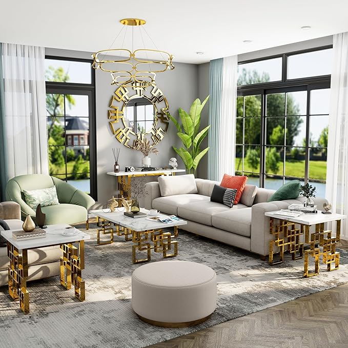 AUZ Gold End Table Set - Luxury Square Living Room White & Gold Side Table with Mirrored Geometric Base
