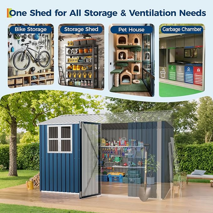 8x10 FT Outdoor Storage Shed,Metal Tool Shed with Clear Window, Lockable Doors,Large Garden Storage Box with Sloping Roof，Sheds&Outdoor Storage for Backyard Garden Patio Lawn, Navy Blue