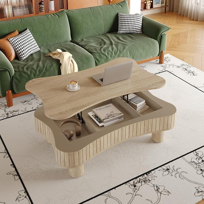 WILLIAMSPACE 42" Lift Top Coffee Table with Hidden Storage, Modern Luxury Wooden Center Table with Silent Hydraulic Lift, Curved Safety Corners, Accent Side Tea Table for Living Room, Antique Natural