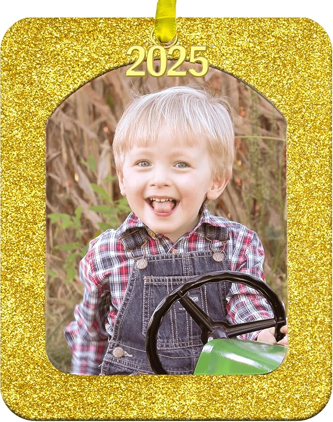 2025 Photo Ornaments for Christmas Tree, Sparkly Glitter Christmas Frame Ornament, Easy-Load Magnetic Design, Includes Satin Ribbon, Gold Charm & Photo Protector, Vertical, Gold