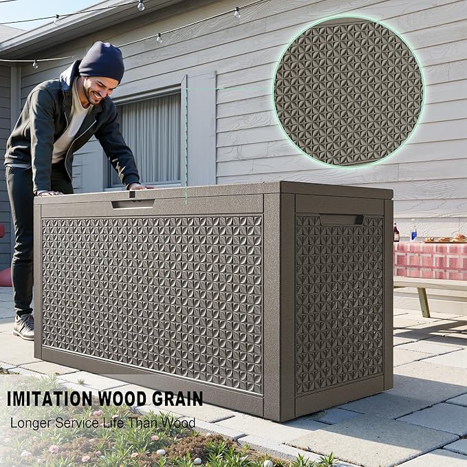 121 Gallon Deck Box with Lock - Resin Waterproof Outdoor Storage Box for Patio Furniture,Garden Tools,Cushions,Pool Accessories(Grey)