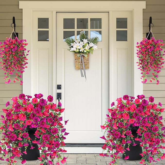 Artificial Fake Hanging Flowers Plants for Outdoor Outside Spring Summer Decoration 2PCS Faux Silk UV Resistant Realistic Morning Glory with Eucalyptus for Home Porch Patio Balcony(Magenta & Hot pink)