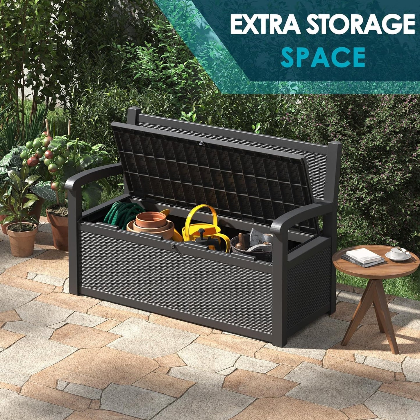 70 Gallon Storage Bench Deck Box for Patio Furniture with Armrest Bench Outdoor Storage
