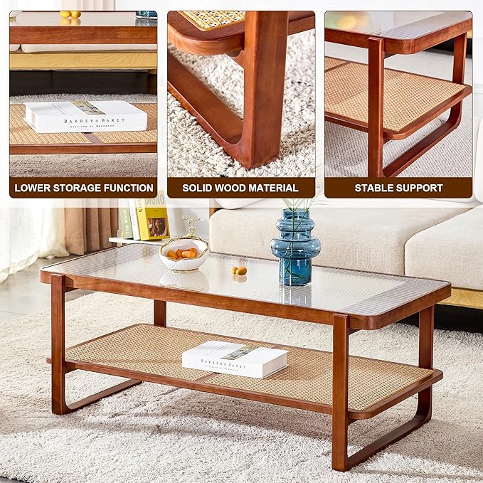 Rattan Coffee Table,Rustic Style Wooden Coffee Table,Rectangular Wood Living Table for Living Room,Glass Top Center Table with Imitation Rattan Storage Shelf