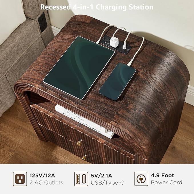 T4TREAM 24" Fluted Nightstand Set of 2, Large 2 Drawers Bedside Table with Charging Station, Modern End Table with Storage Night Stand for Bedroom, Living Room, Round Curved Corner Design, Dark Walnut