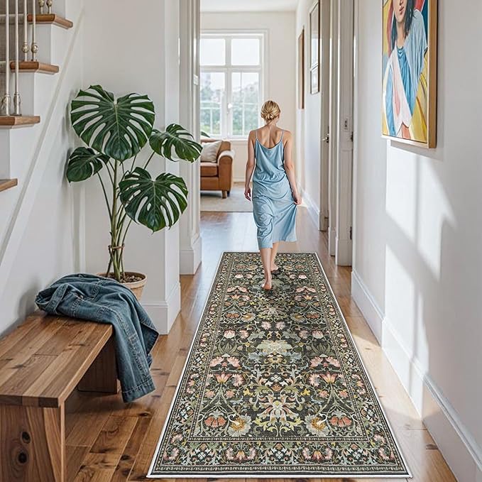 3x6 Washable Hallway Area Rugs: Vintage Floral Entryway Kitchen Runner Rug Ultra Soft Anti-Slip Beside Carpet Indoor Farmhouse Floor Mat for Bathroom Living Room Bedroom Durable Doormat(3x6,Green)